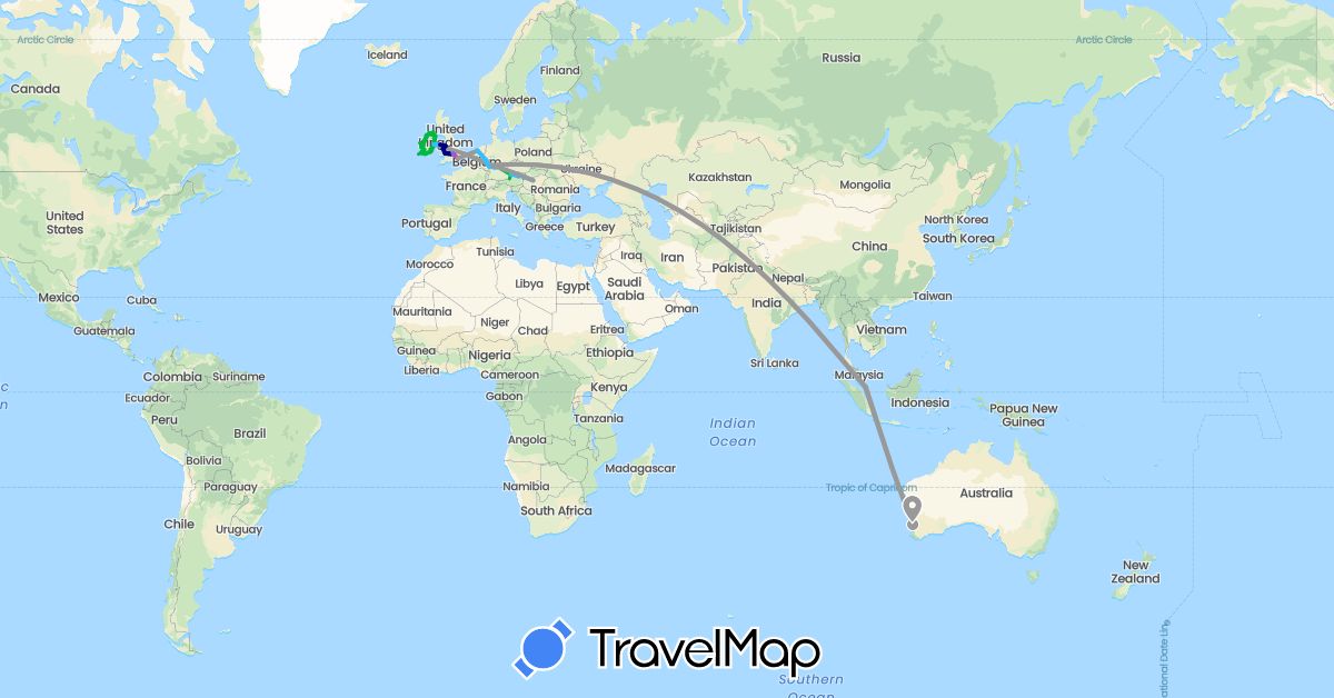 TravelMap itinerary: driving, bus, plane, train, boat in Austria, Australia, Germany, United Kingdom, Hungary, Ireland, Netherlands, Singapore, Slovakia (Asia, Europe, Oceania)